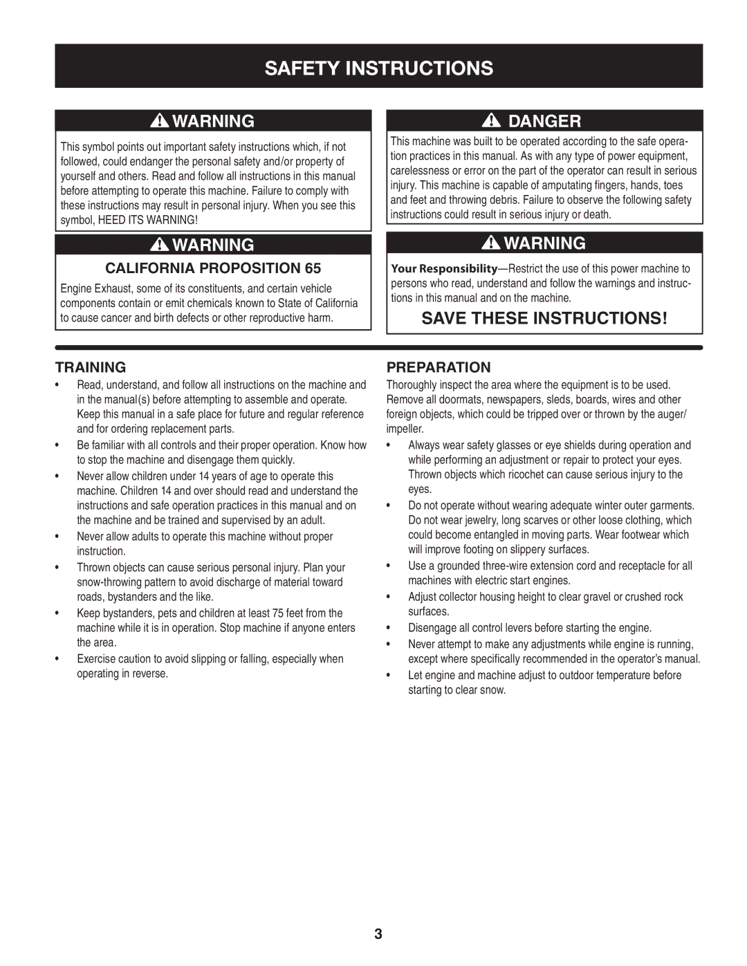 Craftsman 247.88833 manual Safety Instructions, California Proposition, Training, Preparation 