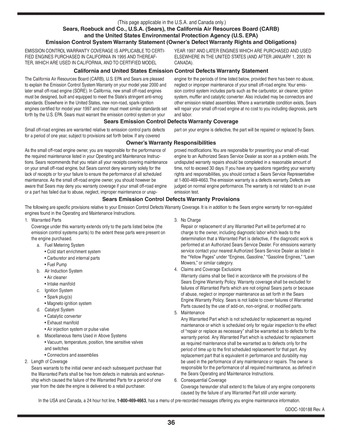 Craftsman 247.88833 This page applicable in the U.S.A. and Canada only, Sears Emission Control Defects Warranty Coverage 