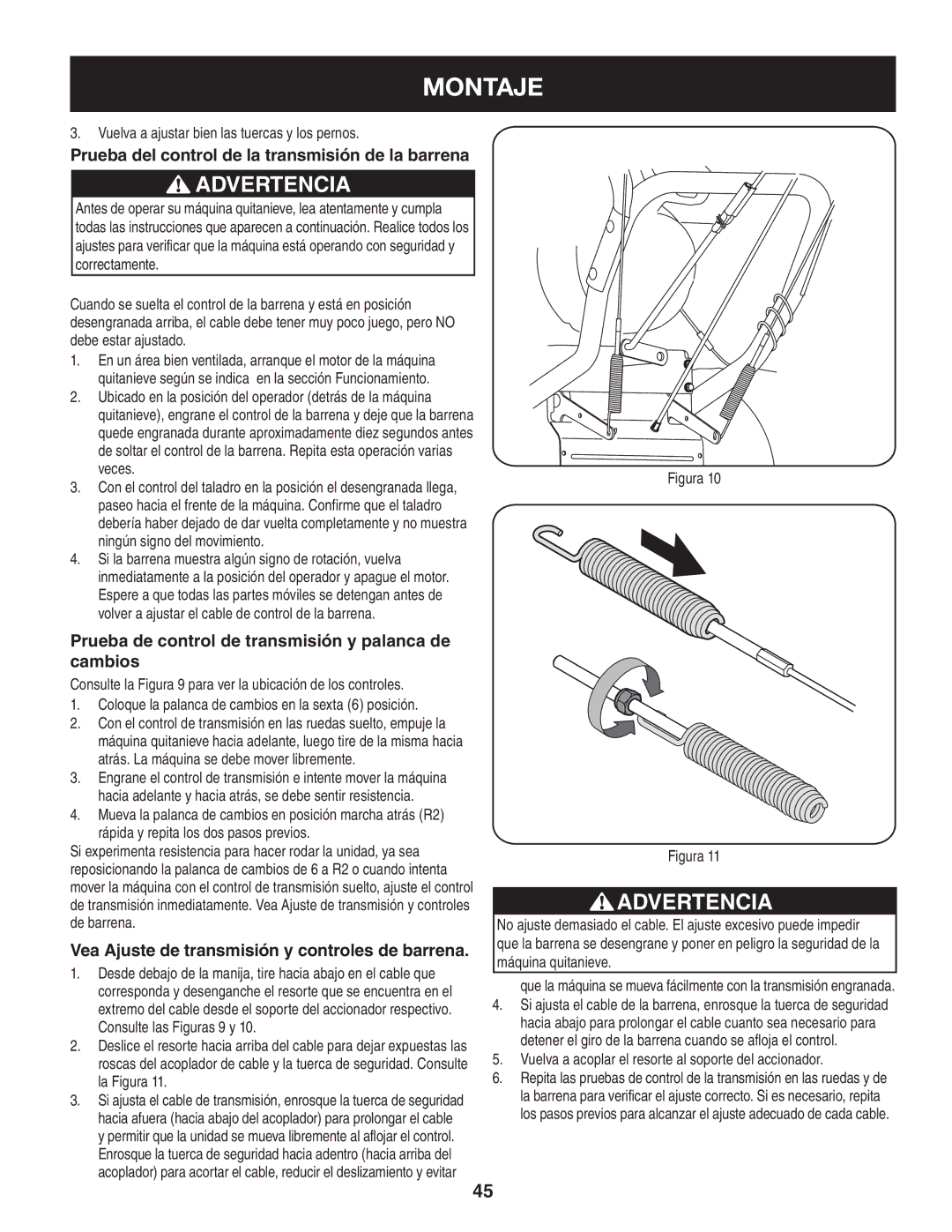 Craftsman 247.88833 Prueba del control de la transmisión de la barrena, Vea Ajuste de transmisión y controles de barrena 