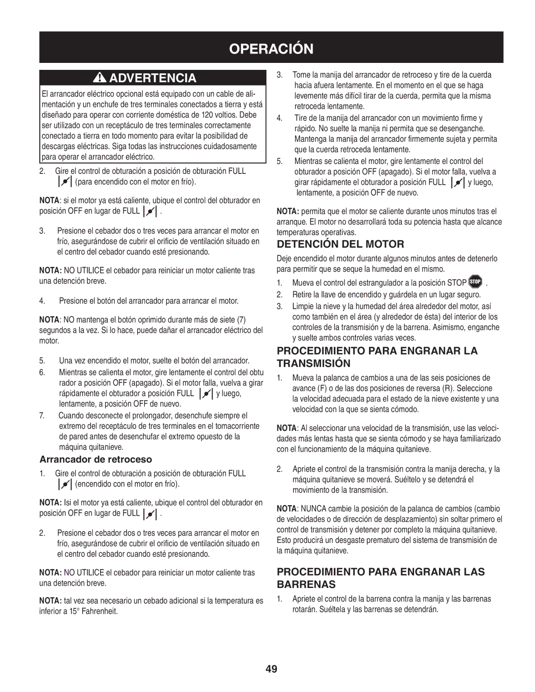 Craftsman 247.88833 manual Detención del motor, Procedimiento para engranar la transmisión, Arrancador de retroceso 