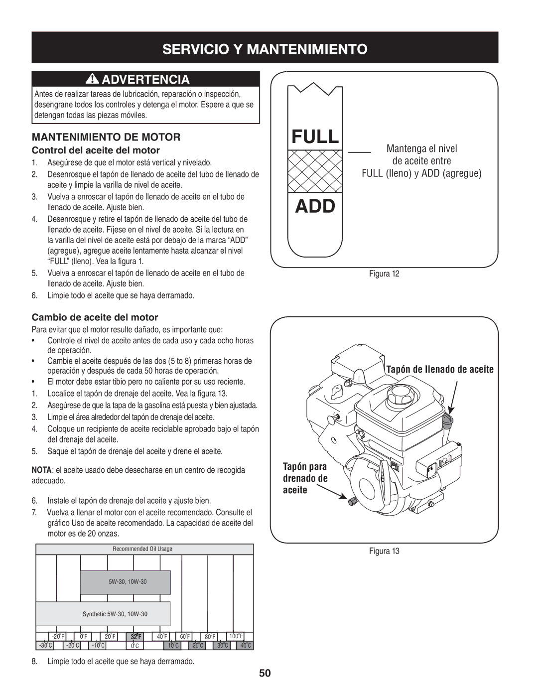 Craftsman 247.88833 manual Servicio Y Mantenimiento, Mantenimiento de Motor, Control del aceite del motor 