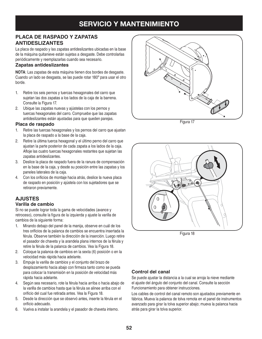 Craftsman 247.88833 manual Placa de raspado y zapatas antideslizantes, Varilla de cambio, Control del canal 