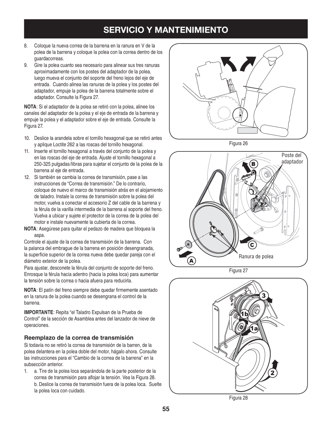 Craftsman 247.88833 manual Reemplazo de la correa de transmisión, Barrena al eje de entrada, Ranura de polea Adaptador 