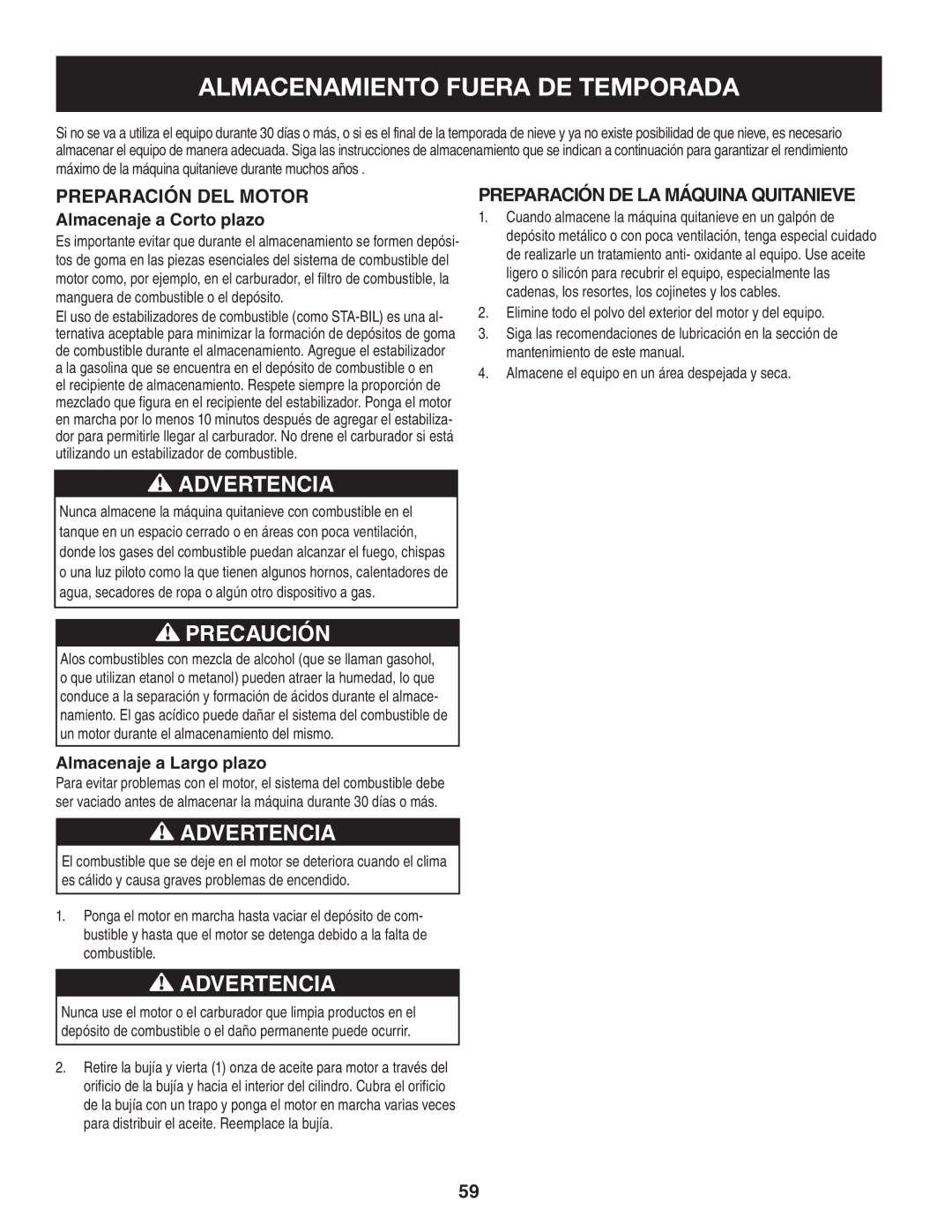 Craftsman 247.88833 manual Almacenamiento Fuera DE Temporada, Preparación del motor, Preparación de la máquina quitanieve 