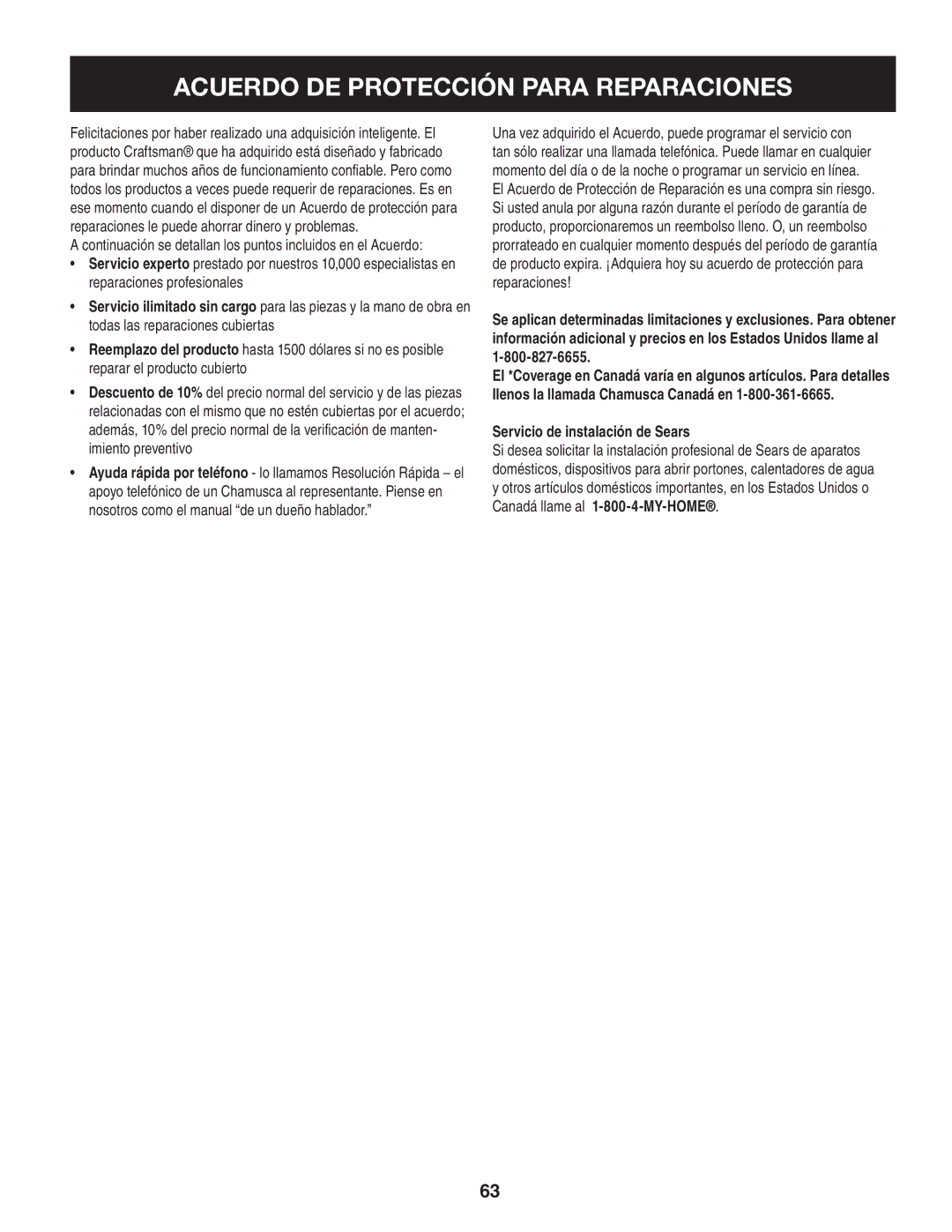 Craftsman 247.88833 manual Acuerdo DE Protección Para Reparaciones, Servicio de instalación de Sears 