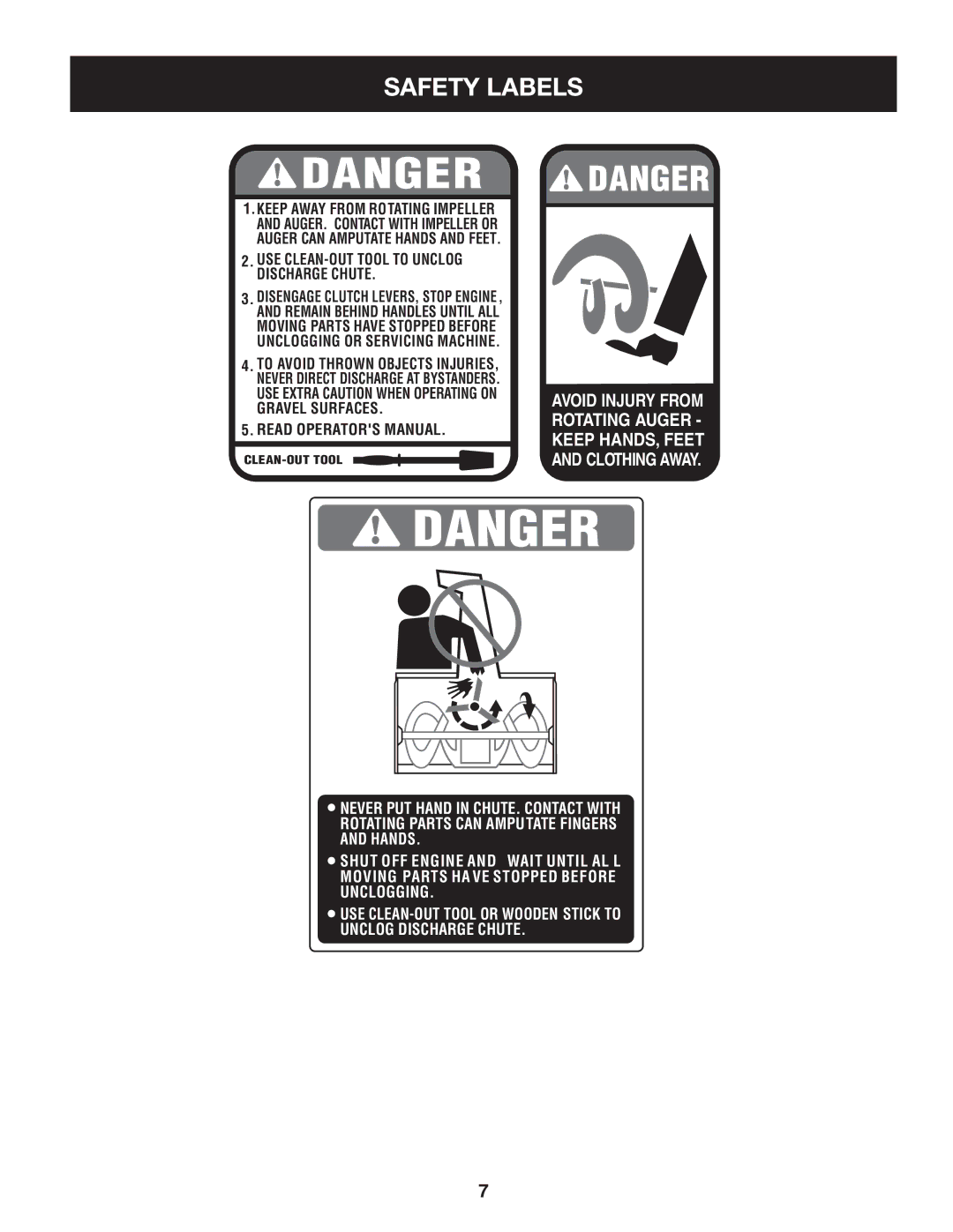 Craftsman 247.88833 manual Safety Labels, USE CLEAN-OUT Tool to Unclog Discharge Chute 