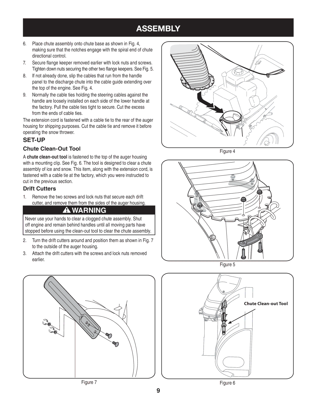 Craftsman 247.88833 manual Set-Up, Chute Clean-Out Tool, Drift Cutters 