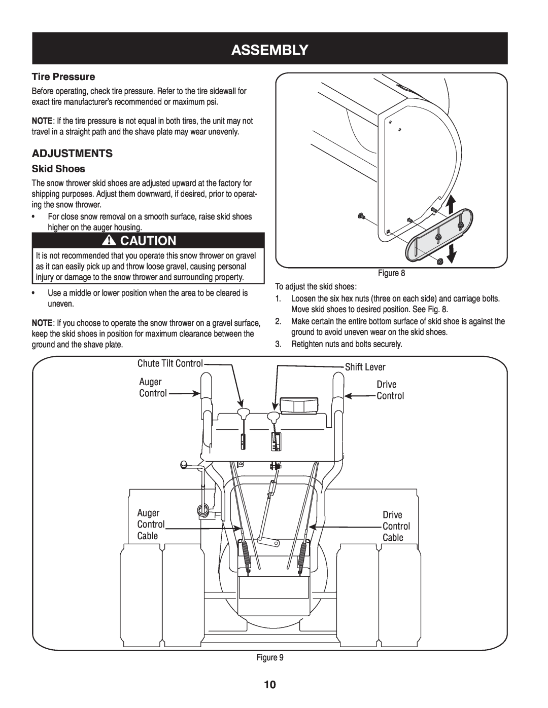 Craftsman 247.88845 manual Assembly, Adjustments, Tire Pressure, Skid Shoes 