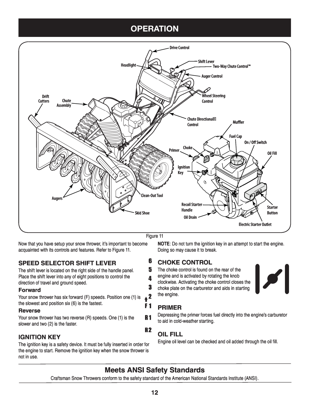 Craftsman 247.88845 manual Operation, Meets ANSI Safety Standards, Forward, Reverse 