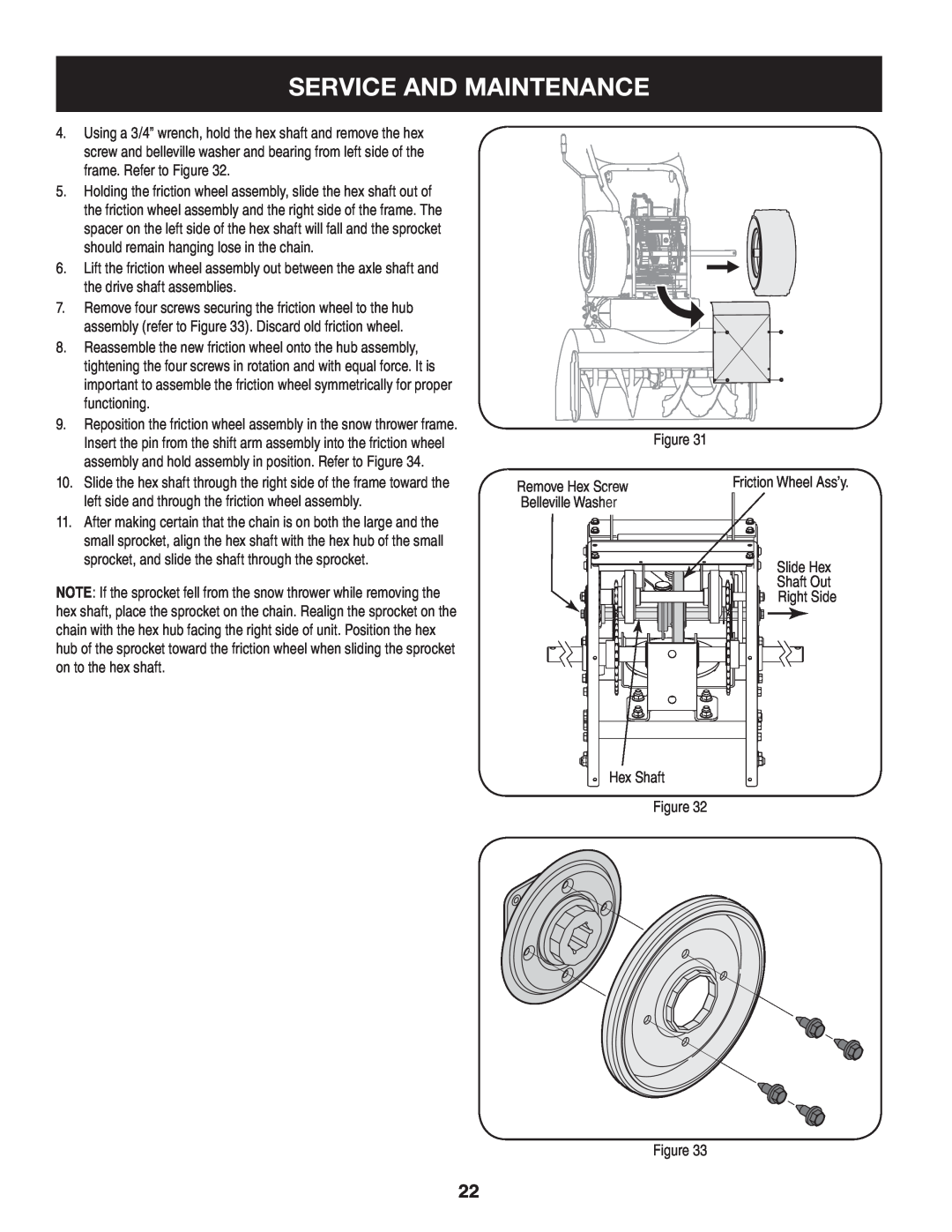 Craftsman 247.88845 manual Service And Maintenance, Remove Hex Screw Belleville Washer 