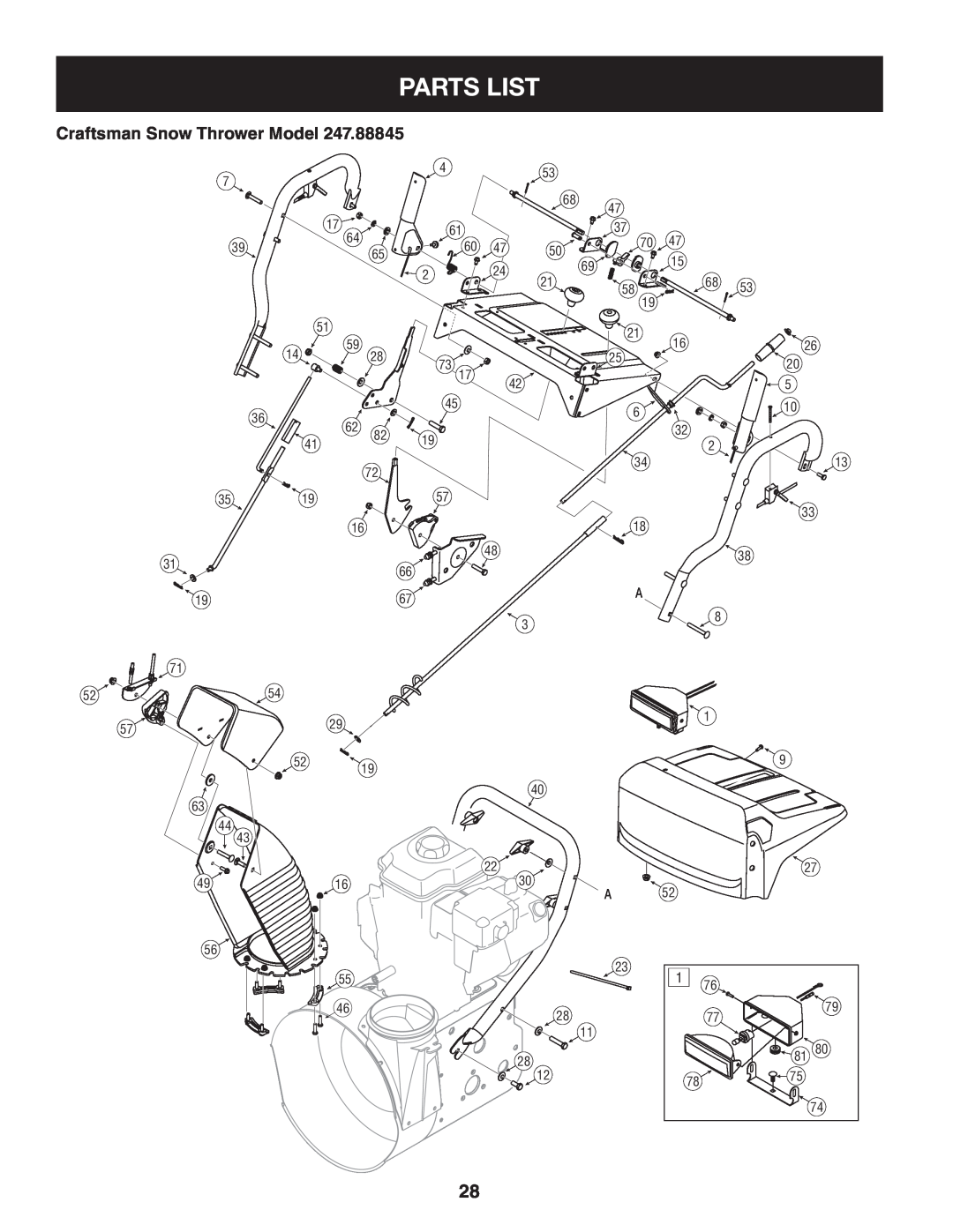 Craftsman 247.88845 manual Parts List, Craftsman Snow Thrower Model 