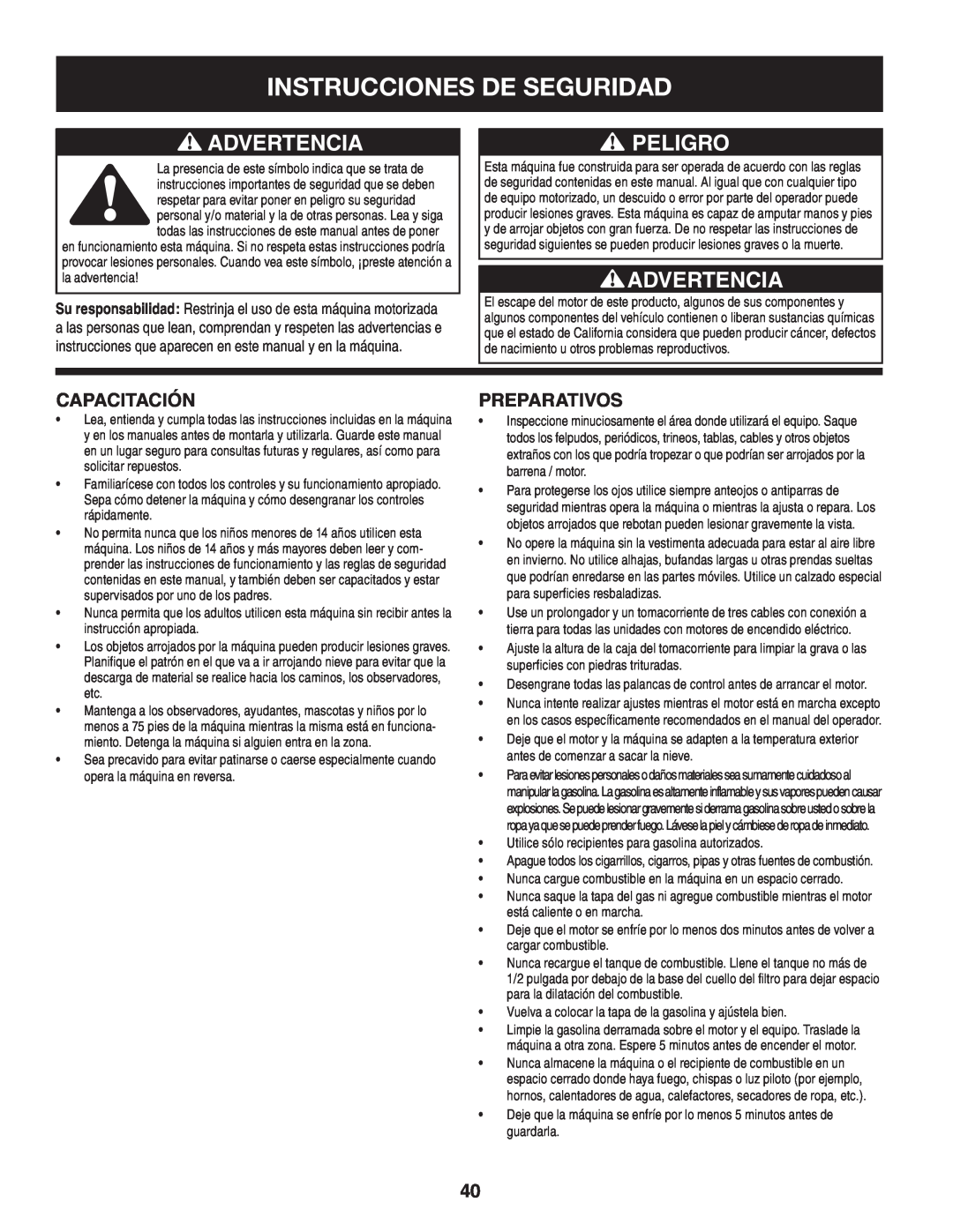 Craftsman 247.88845 manual Instrucciones De Seguridad, Advertencia, Peligro, Capacitación, Preparativos 