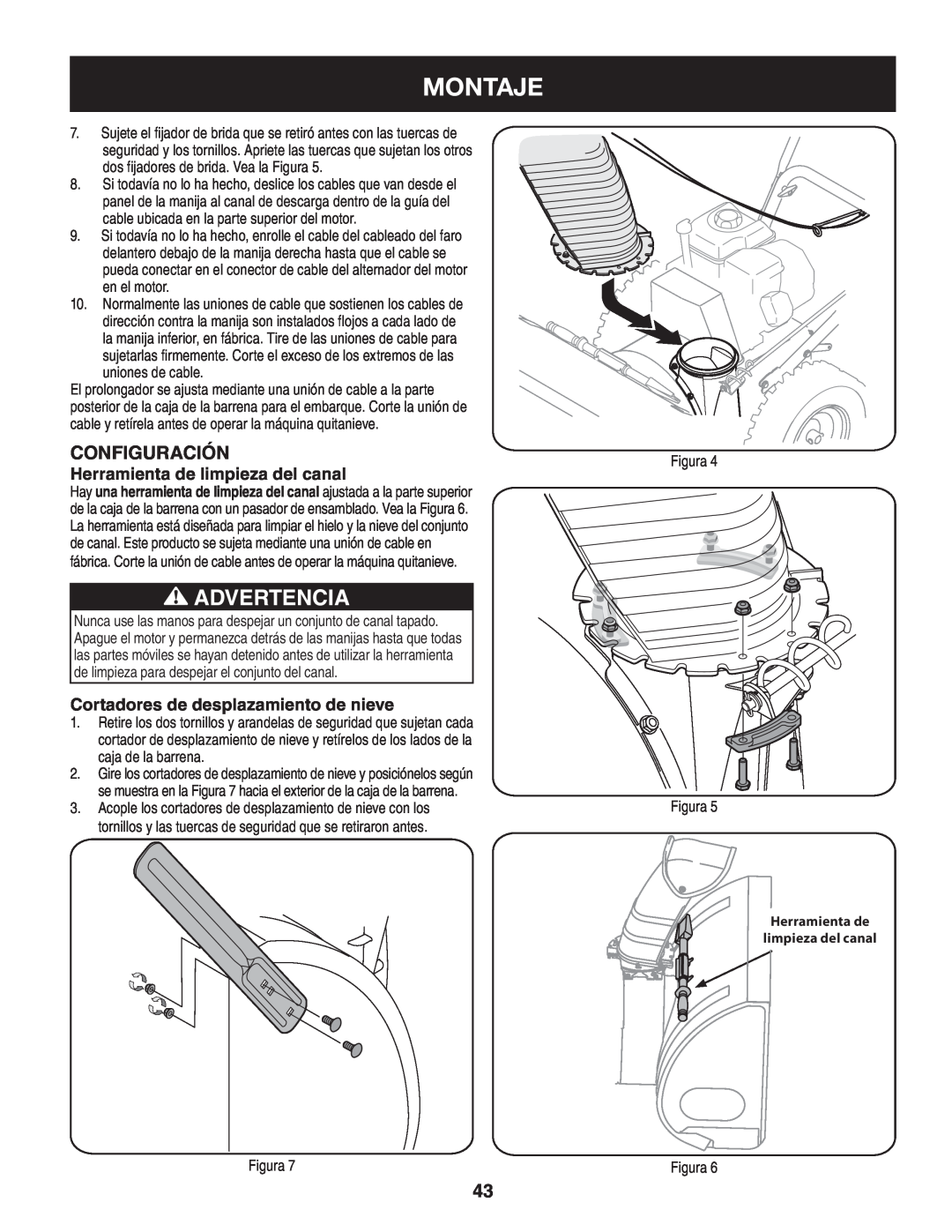 Craftsman 247.88845 manual Montaje, Advertencia, Herramienta de limpieza del canal, Cortadores de desplazamiento de nieve 