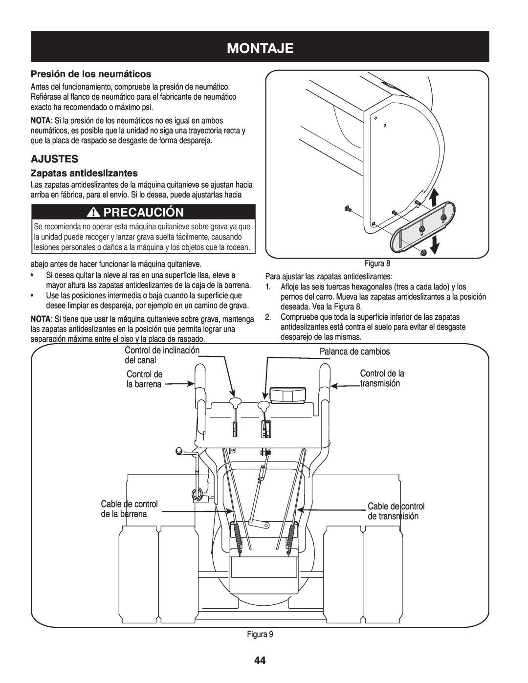 Craftsman 247.88845 manual Precaución, Montaje, Presión de los neumáticos, Zapatas antideslizantes, Control de la barrena 