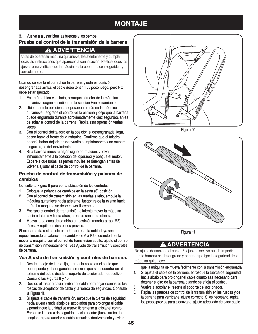Craftsman 247.88845 manual Montaje, Advertencia, Prueba del control de la transmisión de la barrena 