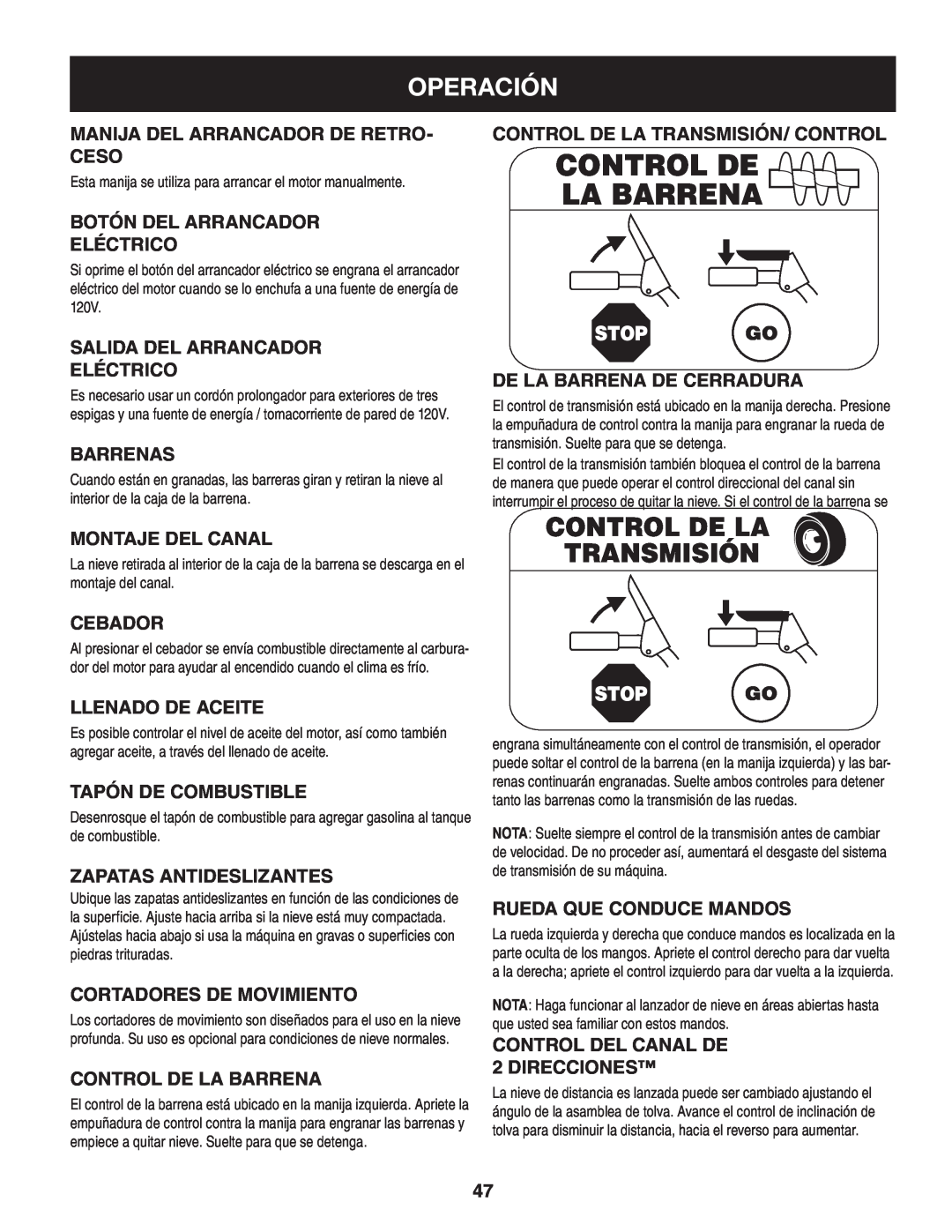 Craftsman 247.88845 manual Control De La Barrena, Control De La Transmisión, Operación 