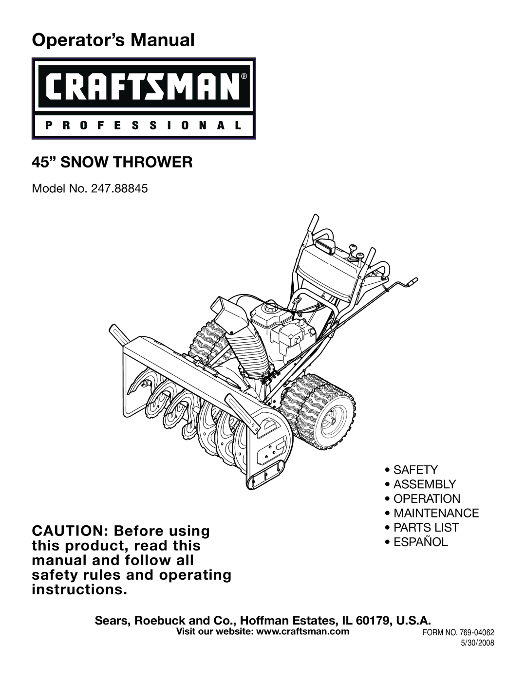 Craftsman 247.88845 manual Form no, 30/2008 