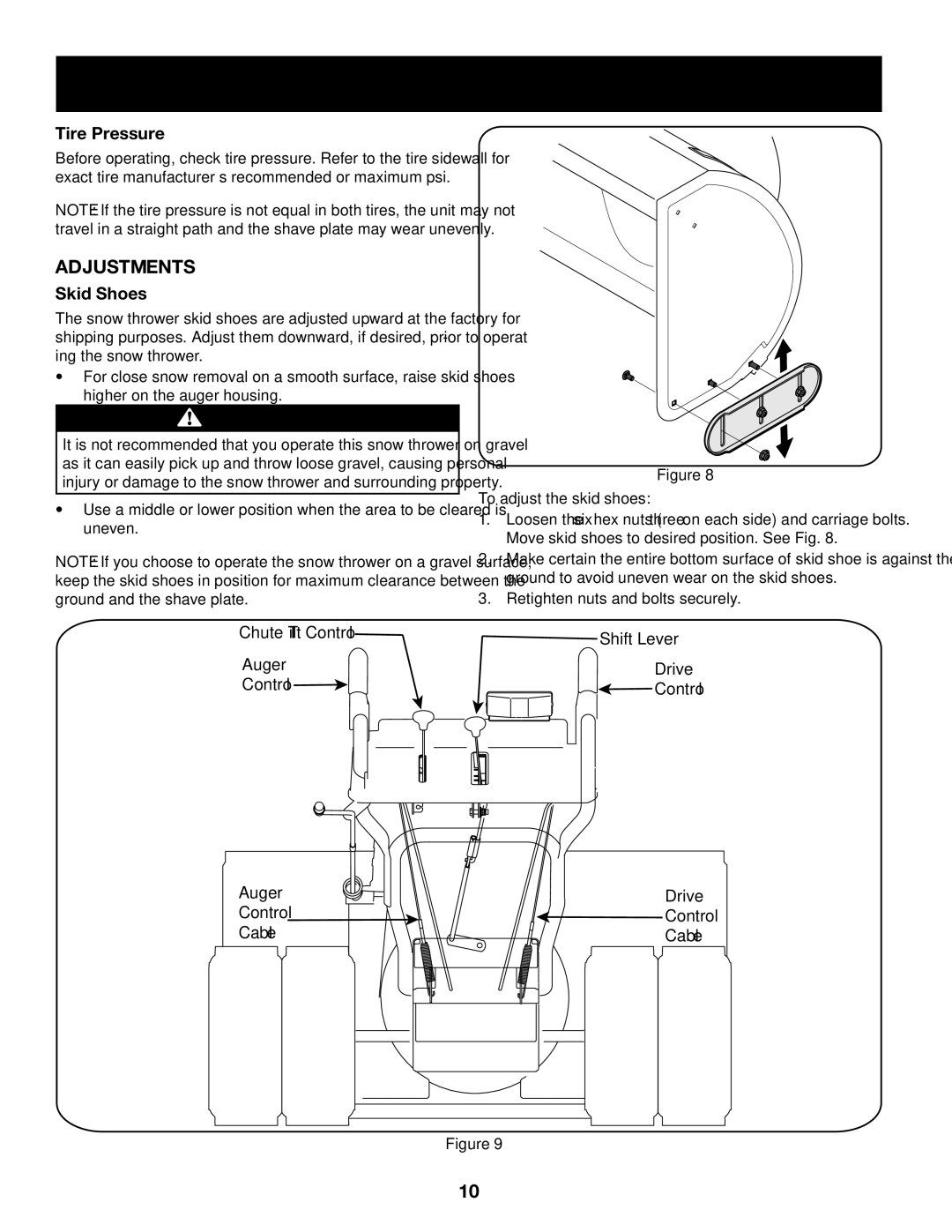 Craftsman 247.88845 manual Adjustments, Tire Pressure, Skid Shoes, Retighten nuts and bolts securely, Control 