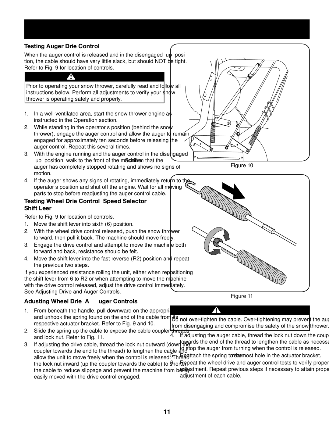 Craftsman 247.88845 manual Testing Auger Drive Control, Testing Wheel Drive Control & Speed Selector Shift Lever 