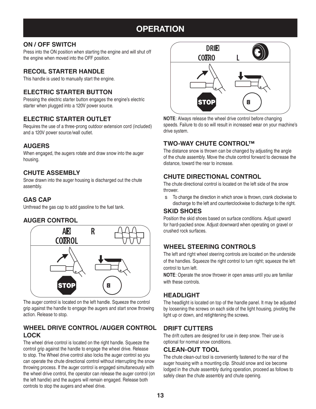 Craftsman 247.88845 manual On / Off switch, Recoil Starter Handle, Electric Starter Button, Electric Starter Outlet, Augers 