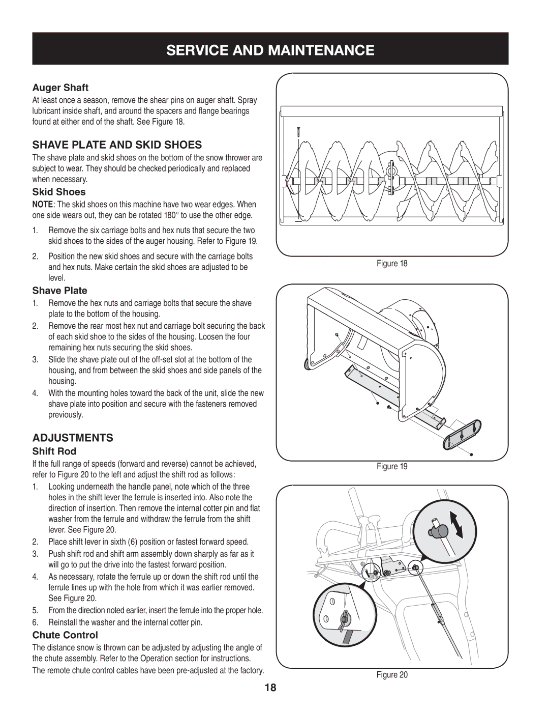 Craftsman 247.88845 manual Shave Plate and Skid Shoes, Auger Shaft, Shift Rod, Chute Control 