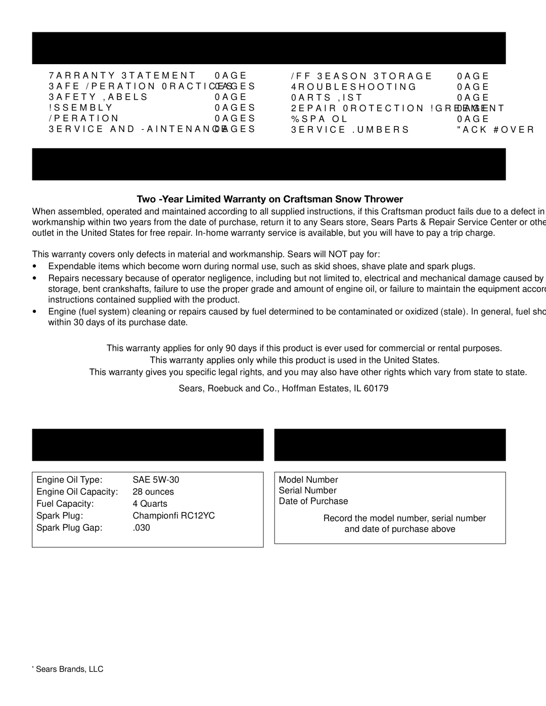 Craftsman 247.88845 manual Table of Contents, Warranty Statement, Product Specifications Model Number 