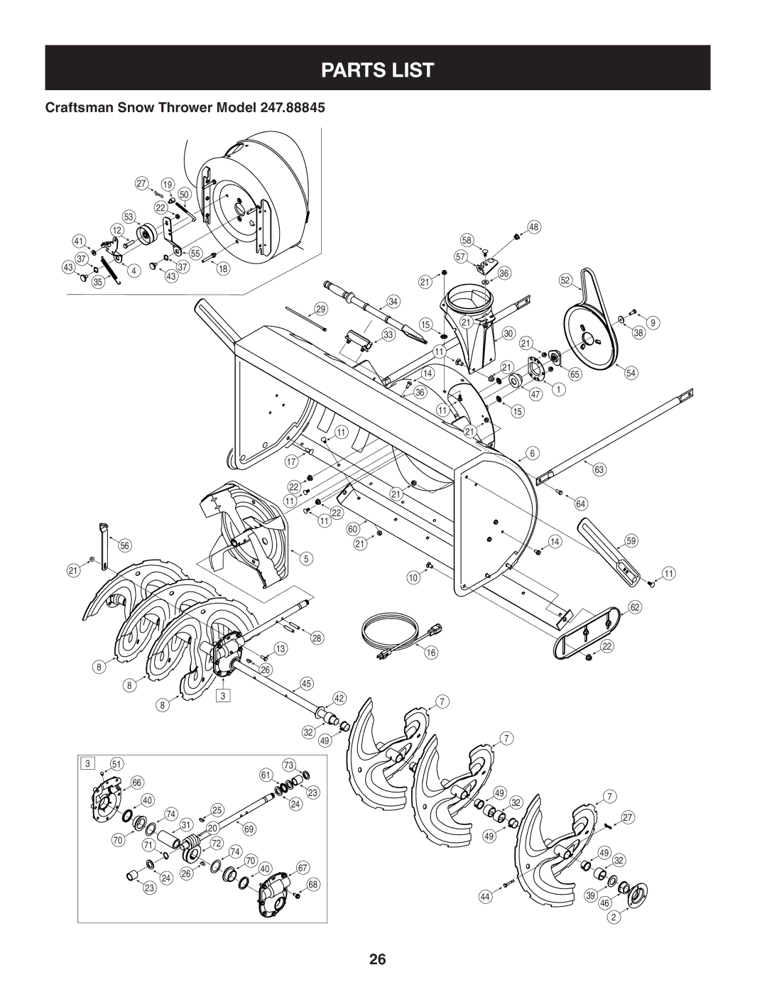 Craftsman 247.88845 manual Parts List, Craftsman Snow Thrower Model 