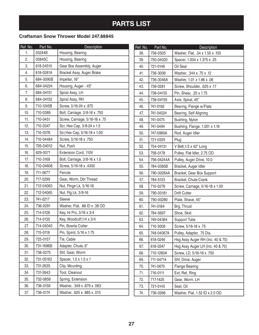 Craftsman 247.88845 manual Housing, Auger 684-04151, 74 -0266 Washer, Flat, 1.52 ID x 2.0 OD 