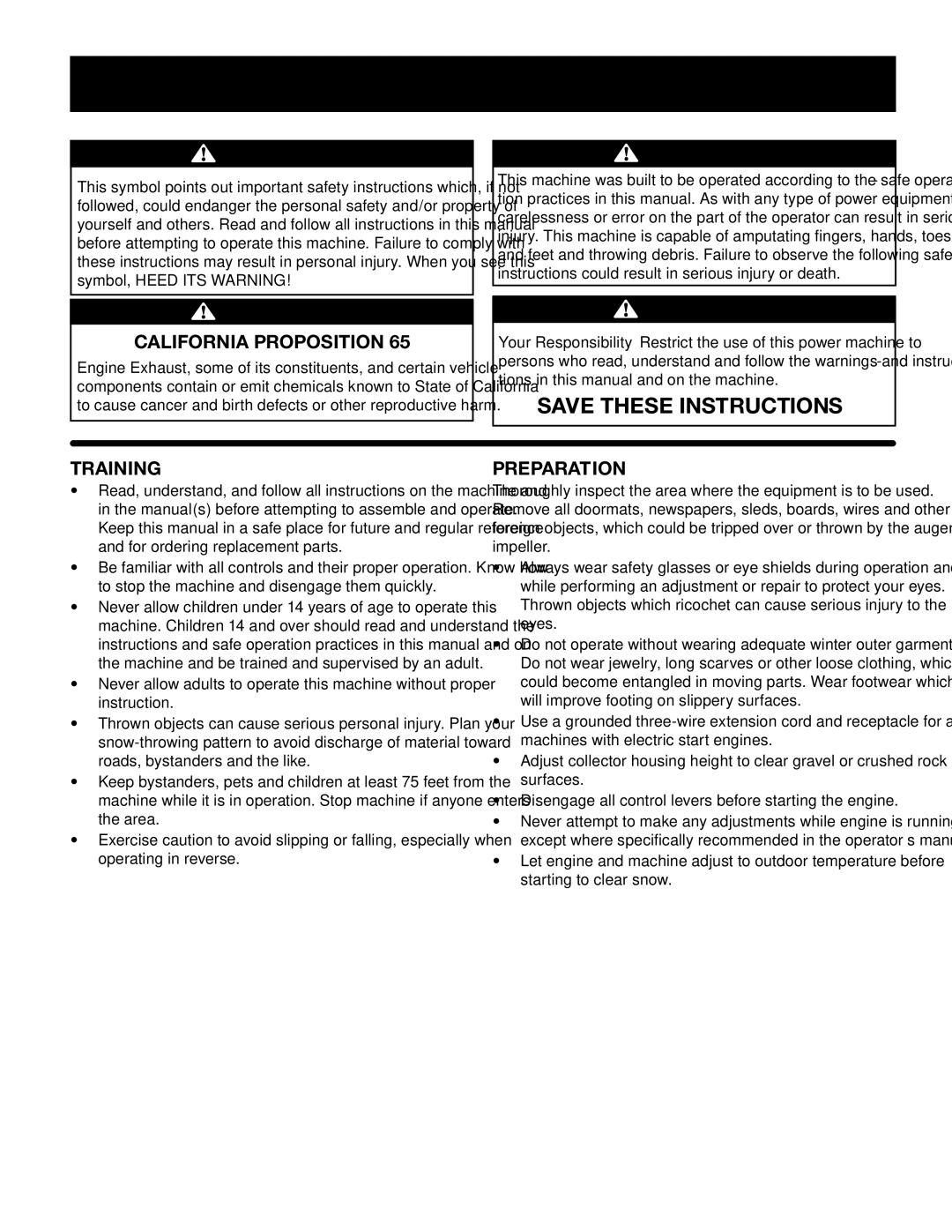 Craftsman 247.88845 manual Safety Instructions, California Proposition, Training, Preparation 