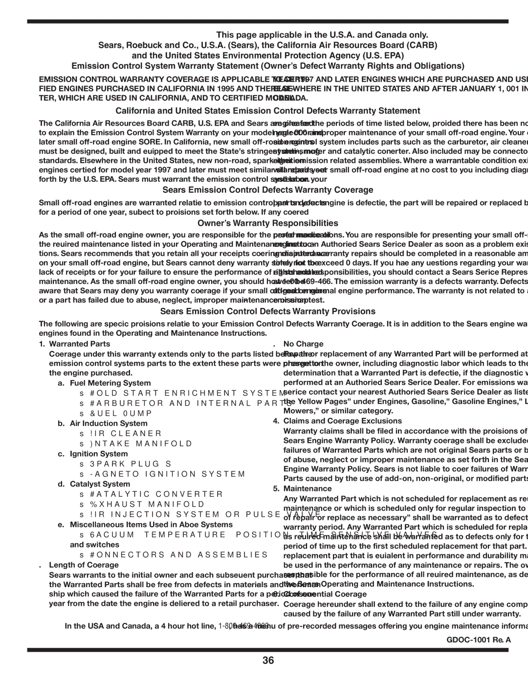 Craftsman 247.88845 This page applicable in the U.S.A. and Canada only, Sears Emission Control Defects Warranty Coverage 