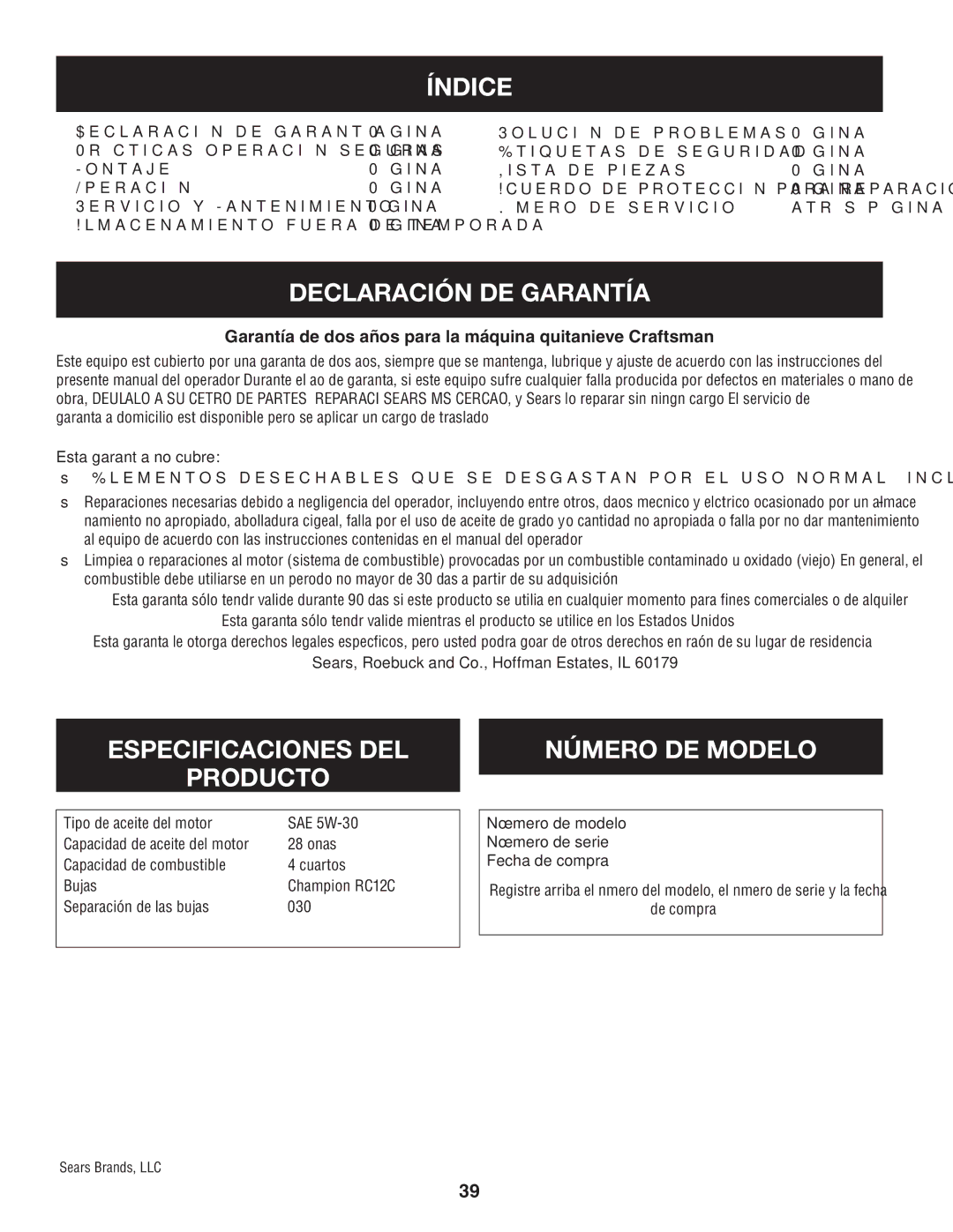 Craftsman 247.88845 manual Índice, Declaración DE Garantía, Especificaciones DEL Producto, Número DE Modelo 