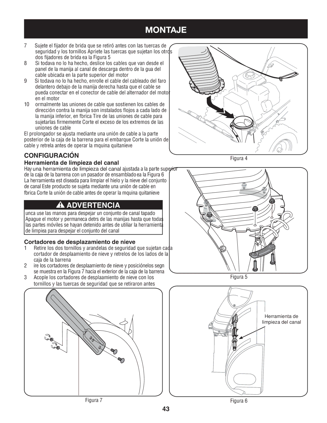 Craftsman 247.88845 manual Configuración, Herramienta de limpieza del canal, Cortadores de desplazamiento de nieve 