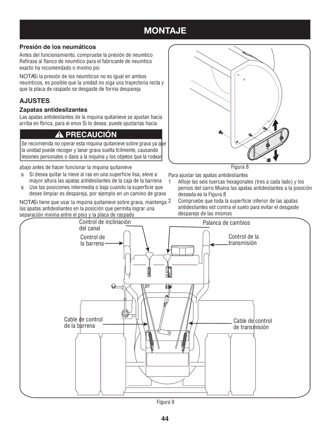 Craftsman 247.88845 manual Ajustes, Presión de los neumáticos, Zapatas antideslizantes 