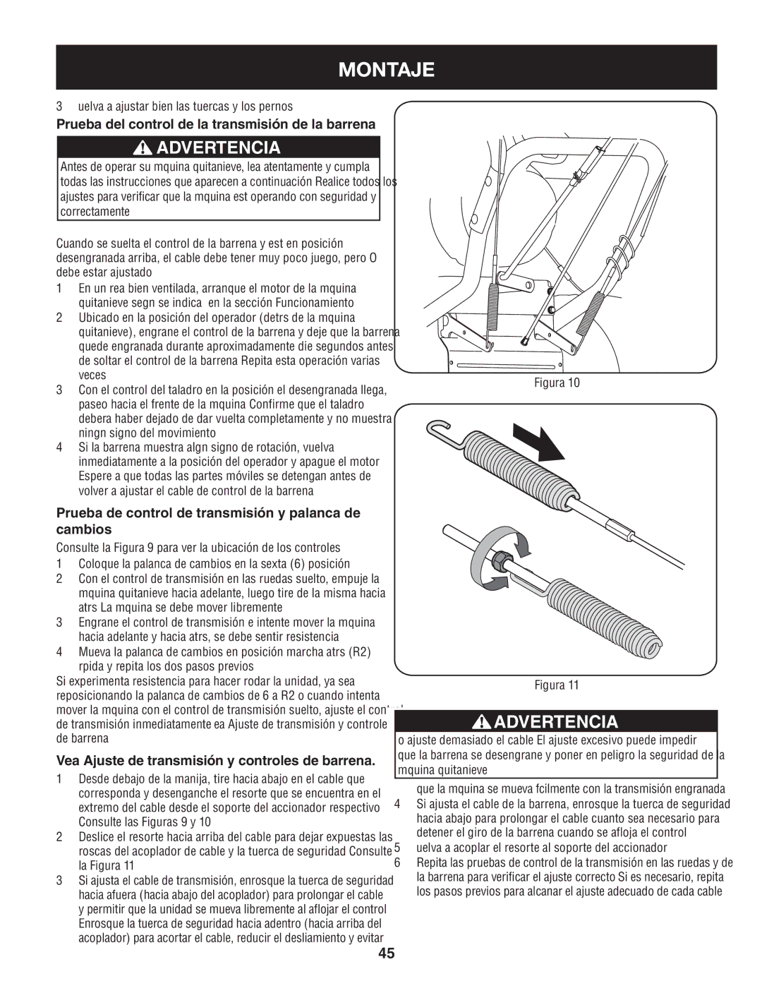 Craftsman 247.88845 Prueba del control de la transmisión de la barrena, Vea Ajuste de transmisión y controles de barrena 