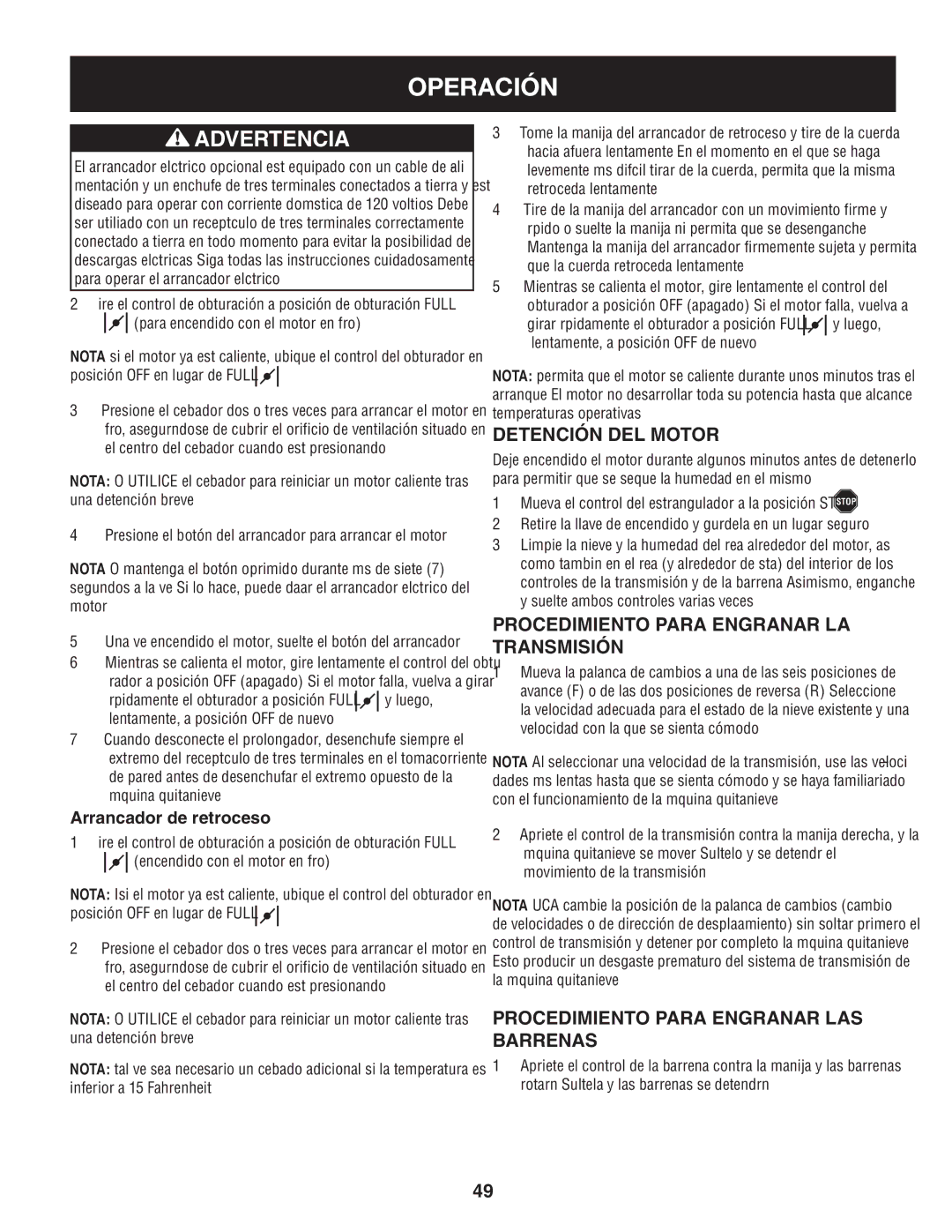 Craftsman 247.88845 manual Detención del motor, Procedimiento para engranar la transmisión, Arrancador de retroceso 