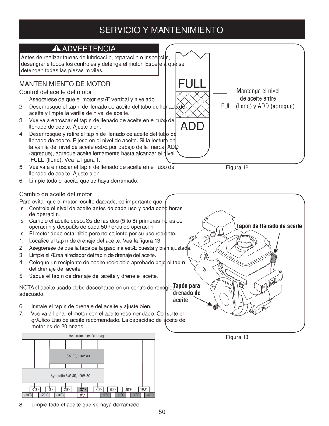 Craftsman 247.88845 manual Servicio Y Mantenimiento, Mantenimiento de Motor, Control del aceite del motor 