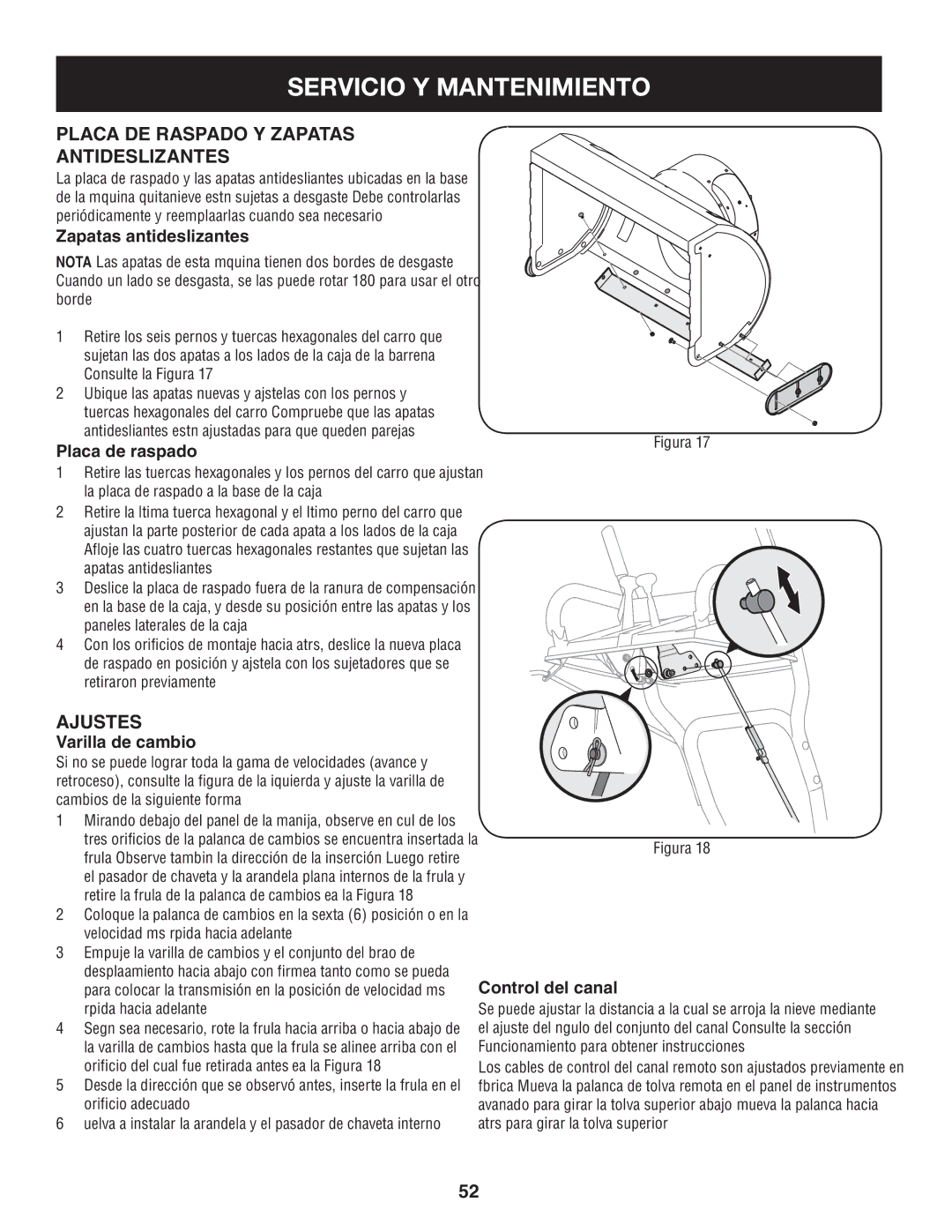 Craftsman 247.88845 manual Placa de raspado y zapatas antideslizantes, Varilla de cambio, Control del canal 