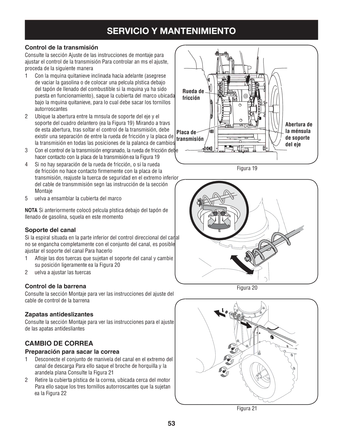 Craftsman 247.88845 manual Cambio de correa, Control de la transmisión, Soporte del canal, Control de la barrena 