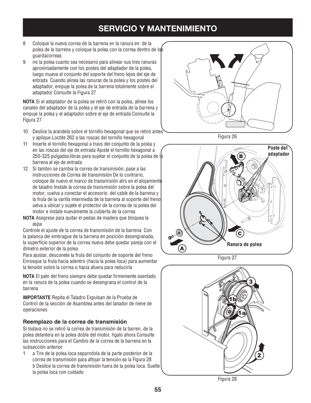 Craftsman 247.88845 manual Reemplazo de la correa de transmisión, Barrena al eje de entrada, Ranura de polea Adaptador 