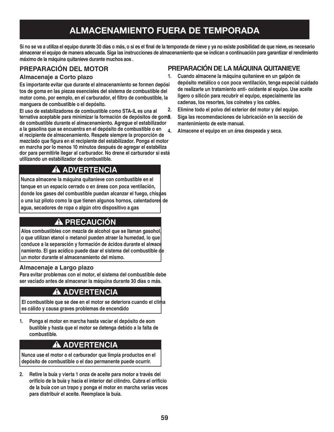 Craftsman 247.88845 manual Almacenamiento Fuera DE Temporada, Preparación del motor, Preparación de la máquina quitanieve 