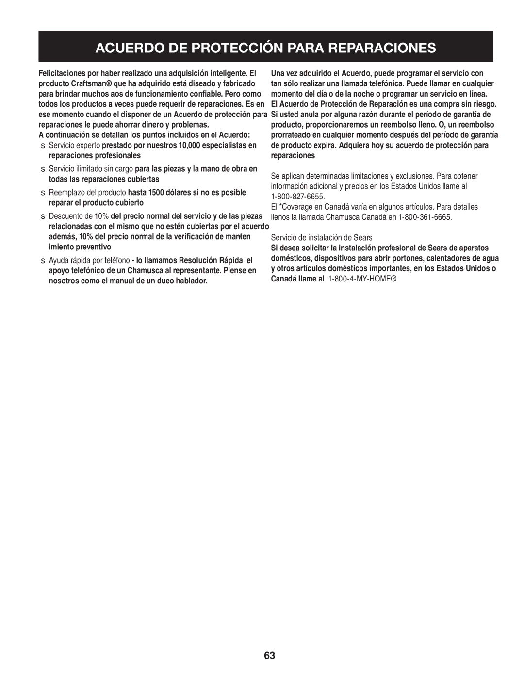 Craftsman 247.88845 manual Acuerdo DE Protección Para Reparaciones, Servicio de instalación de Sears 