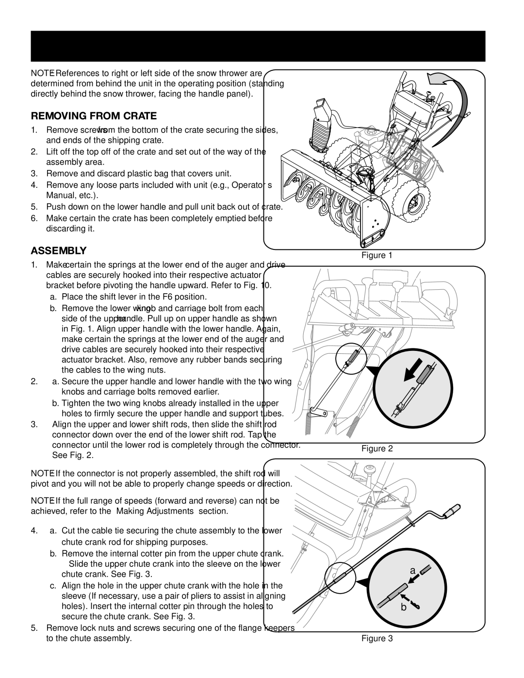 Craftsman 247.88845 manual Assembly, Removing From Crate, Place the shift lever in the F6 position 