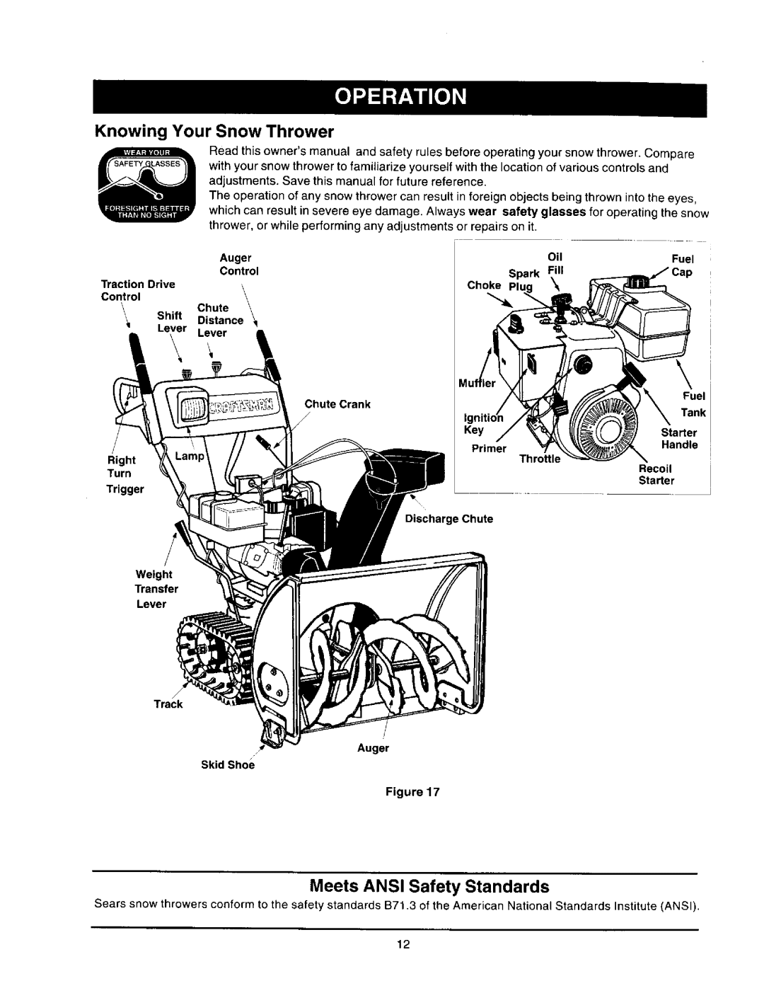 Craftsman 247.88851 Knowing Your Snow Thrower, Meets Ansi Safety Standards, Chute Crank, Discharge Chute, Auger Skid Shoe 