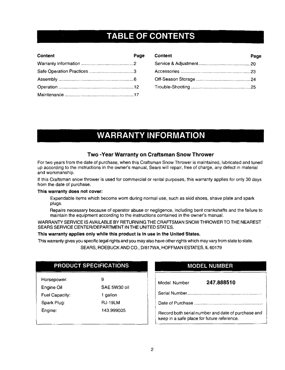 Craftsman 247.88851 owner manual Content, Two -Year Warranty on Craftsman Snow Thrower 