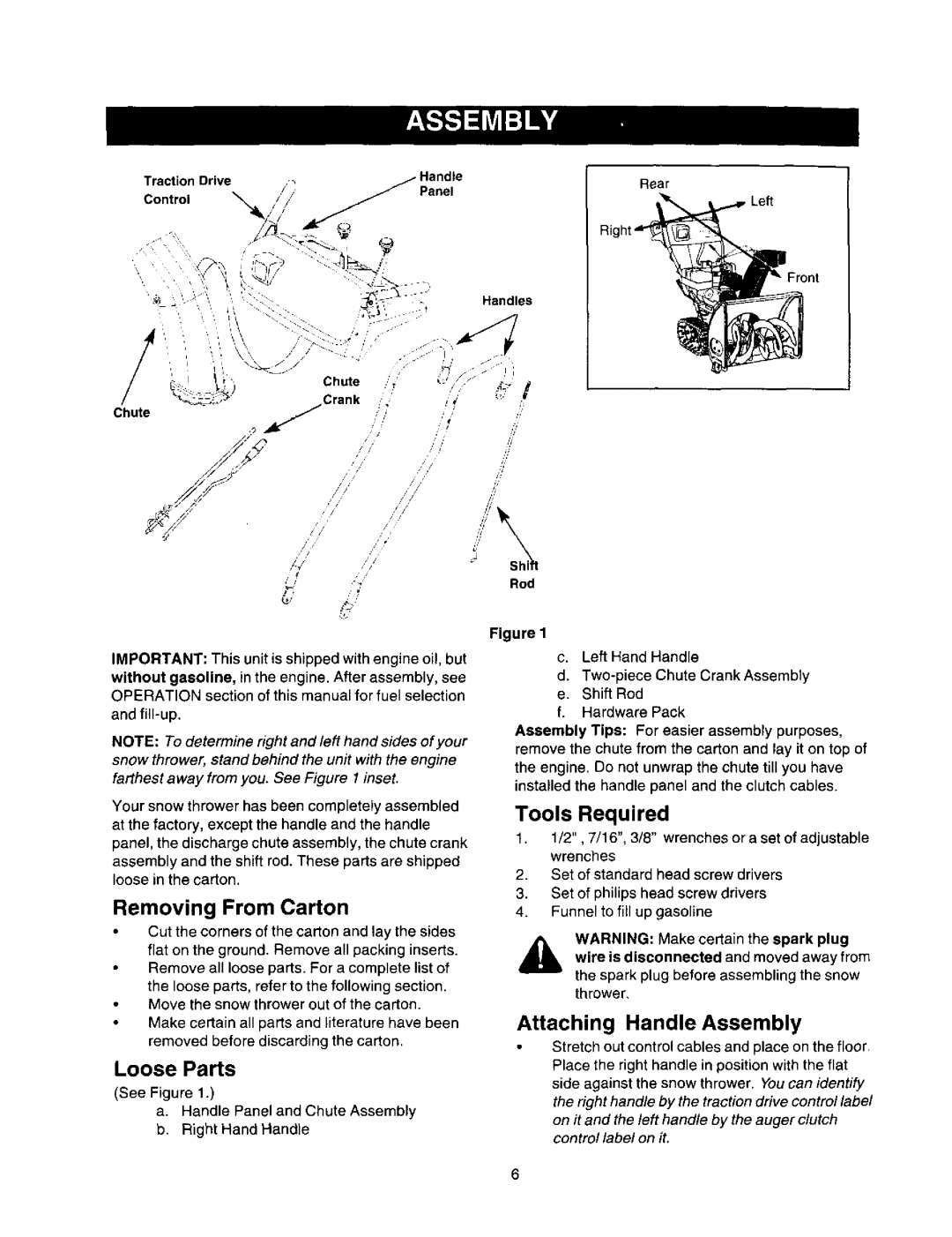 Craftsman 247.88851 owner manual Removing From Carton, Loose Parts, Tools Required, Attaching Handle Assembly, Chute 