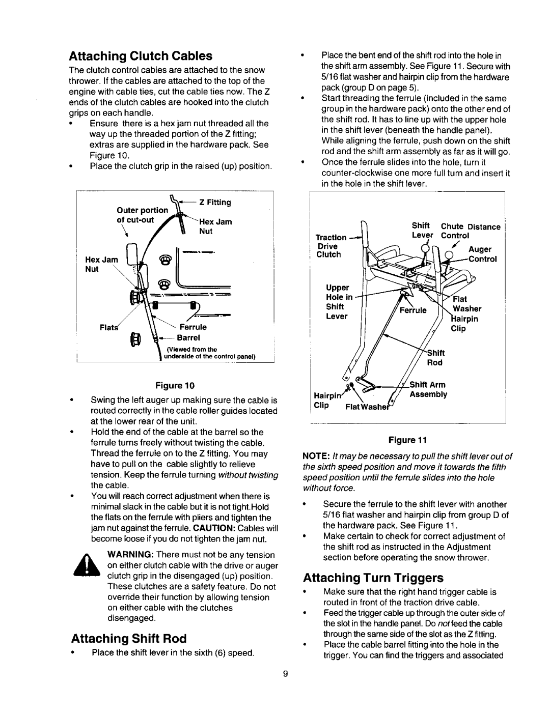 Craftsman 247.88851 owner manual Attaching Clutch Cables, Attaching Shift Rod, Attaching Turn Triggers, Ferrule 