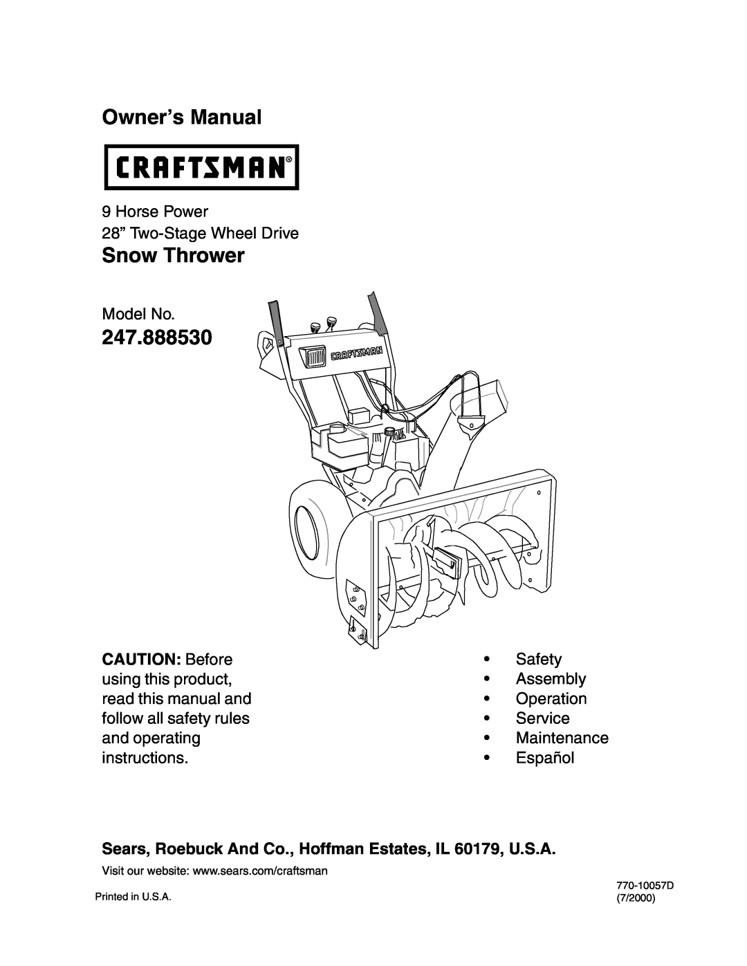 Craftsman 247.88853 owner manual CAUTION Before, Sears, Roebuck And Co., Hoffman Estates, IL 60179, U.S.A, Snow Thrower 