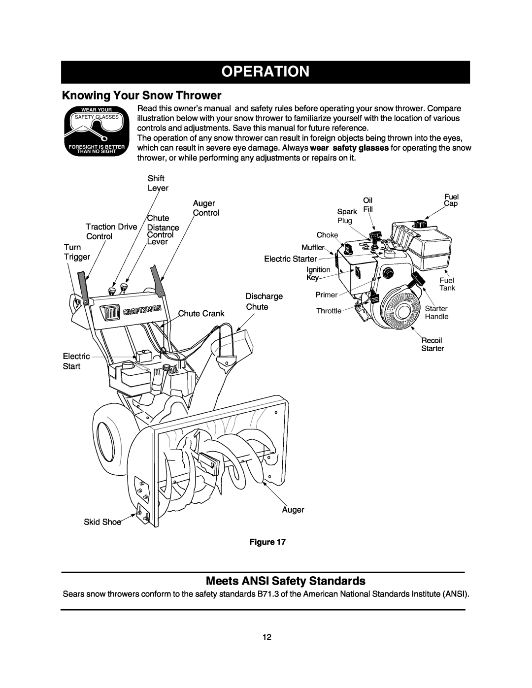 Craftsman 247.88853 owner manual Operation, Knowing Your Snow Thrower, Meets ANSI Safety Standards 
