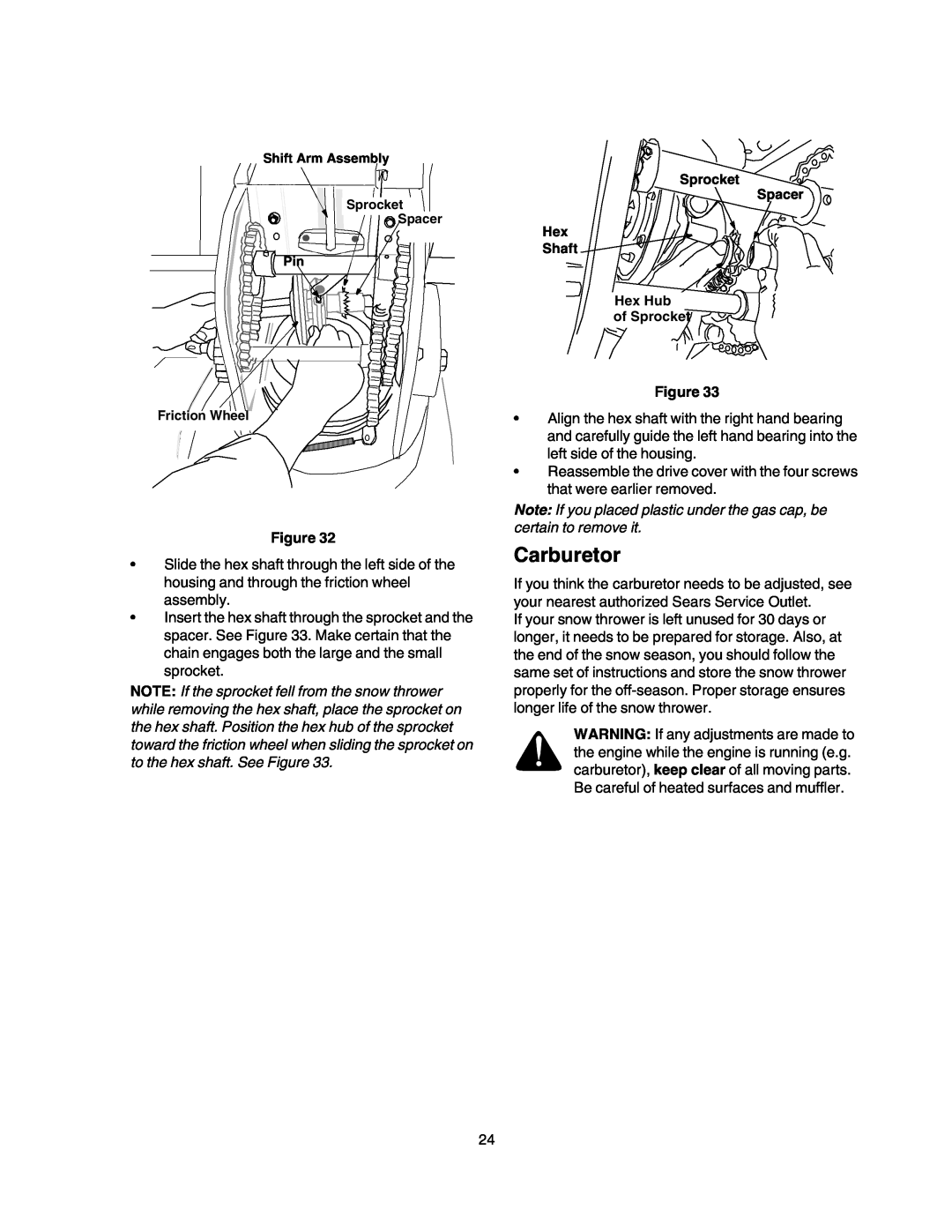 Craftsman 247.88853 owner manual Carburetor, Note If you placed plastic under the gas cap, be certain to remove it 