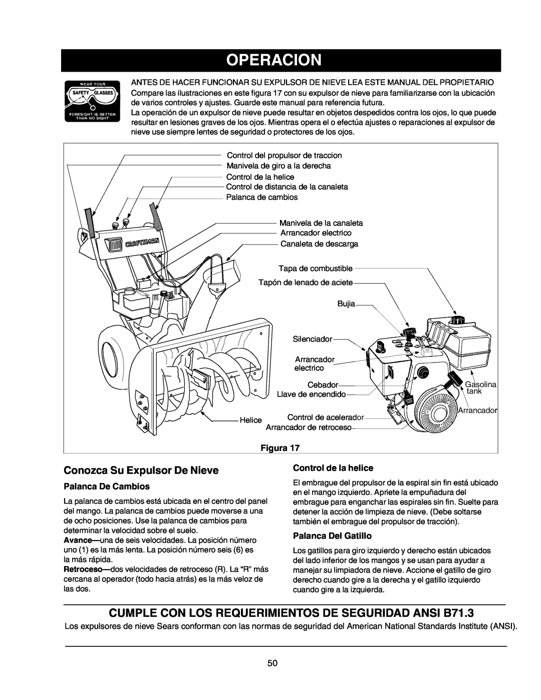 Craftsman 247.88853 Operacion, CUMPLE CON LOS REQUERIMIENTOS DE SEGURIDAD ANSI B71.3, Figura, Palanca De Cambios 